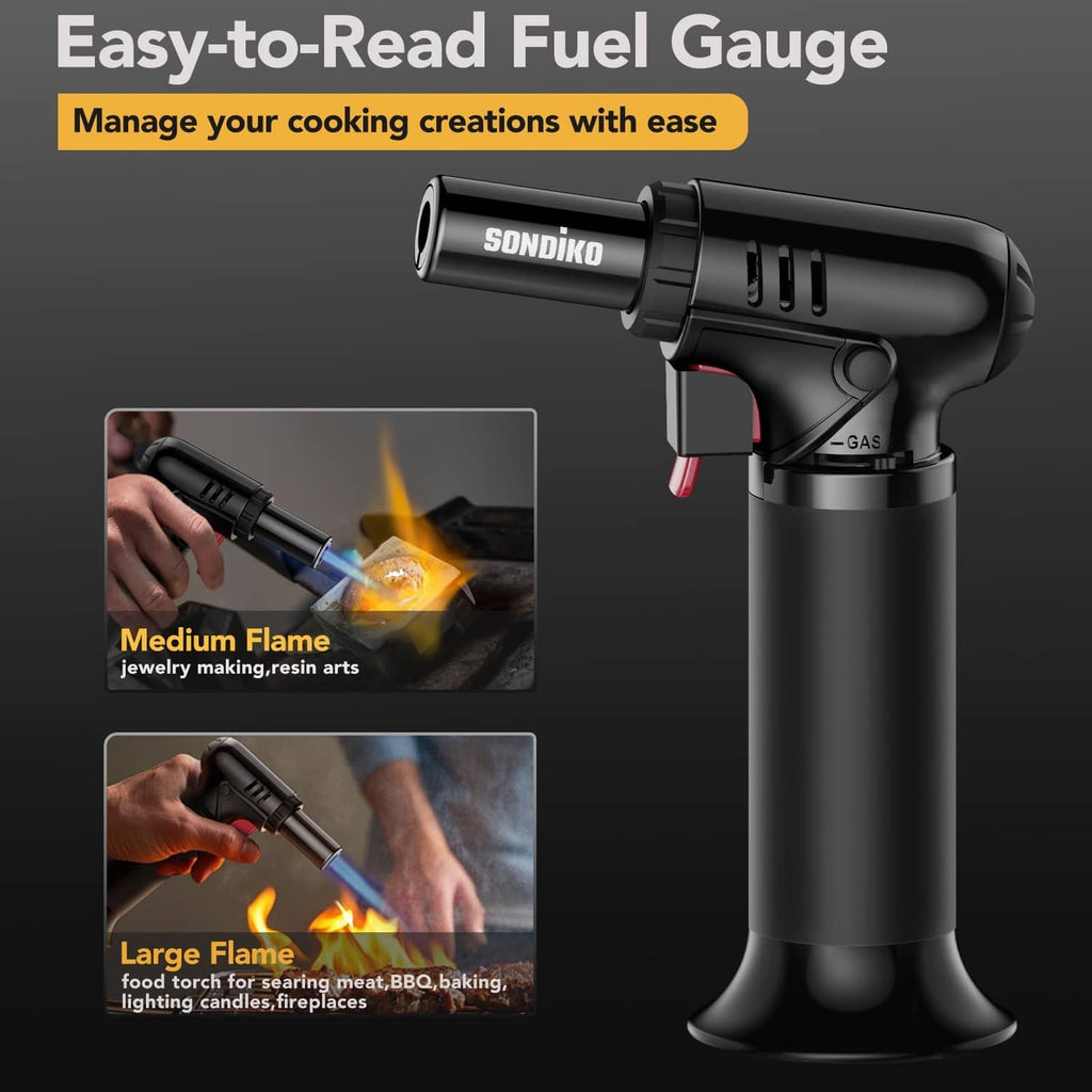 Black butane torch with fuel gauge view, red gas control lever