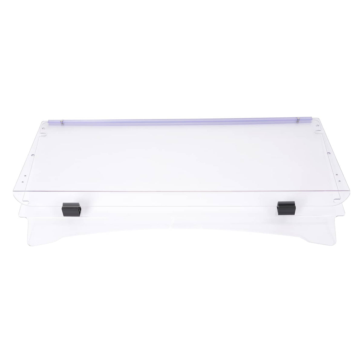 Clear folding golf cart windshield with purple frame and two black latch mounts
