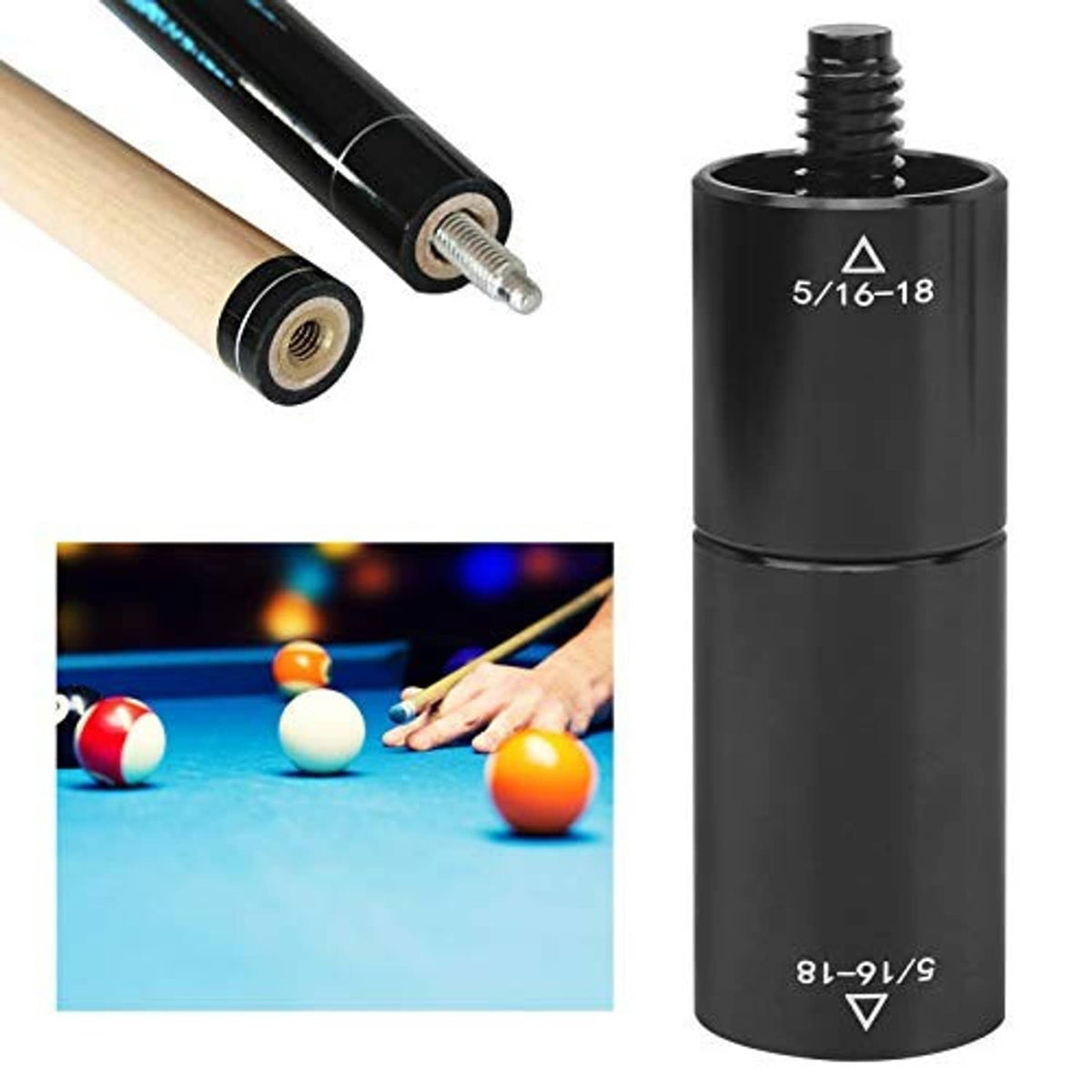 Black cue extension adapter with threaded coupler end for attaching to a pool cue