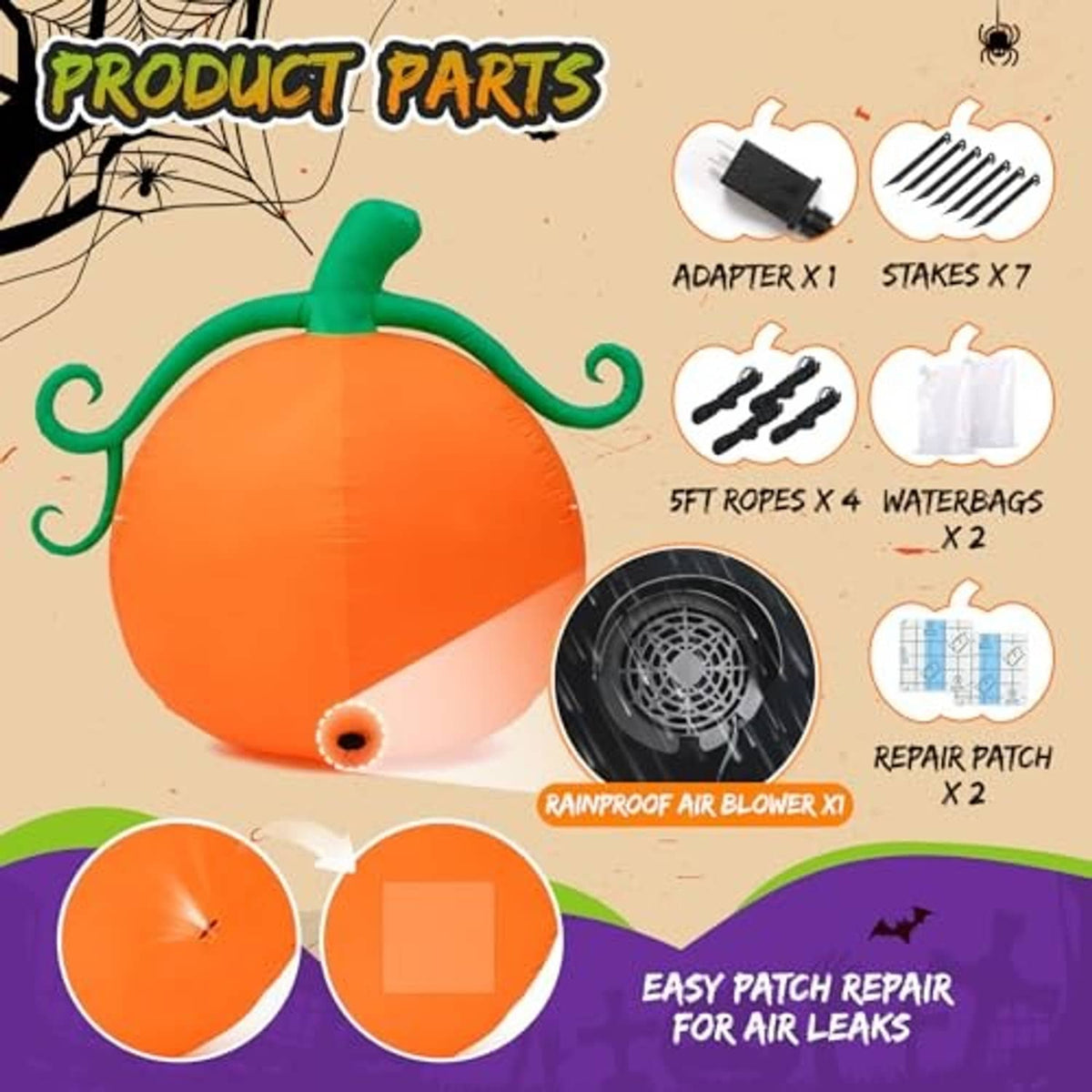 Inflatable jack-o'-lantern pumpkin with green stem plus included blower, ropes, and repair patch