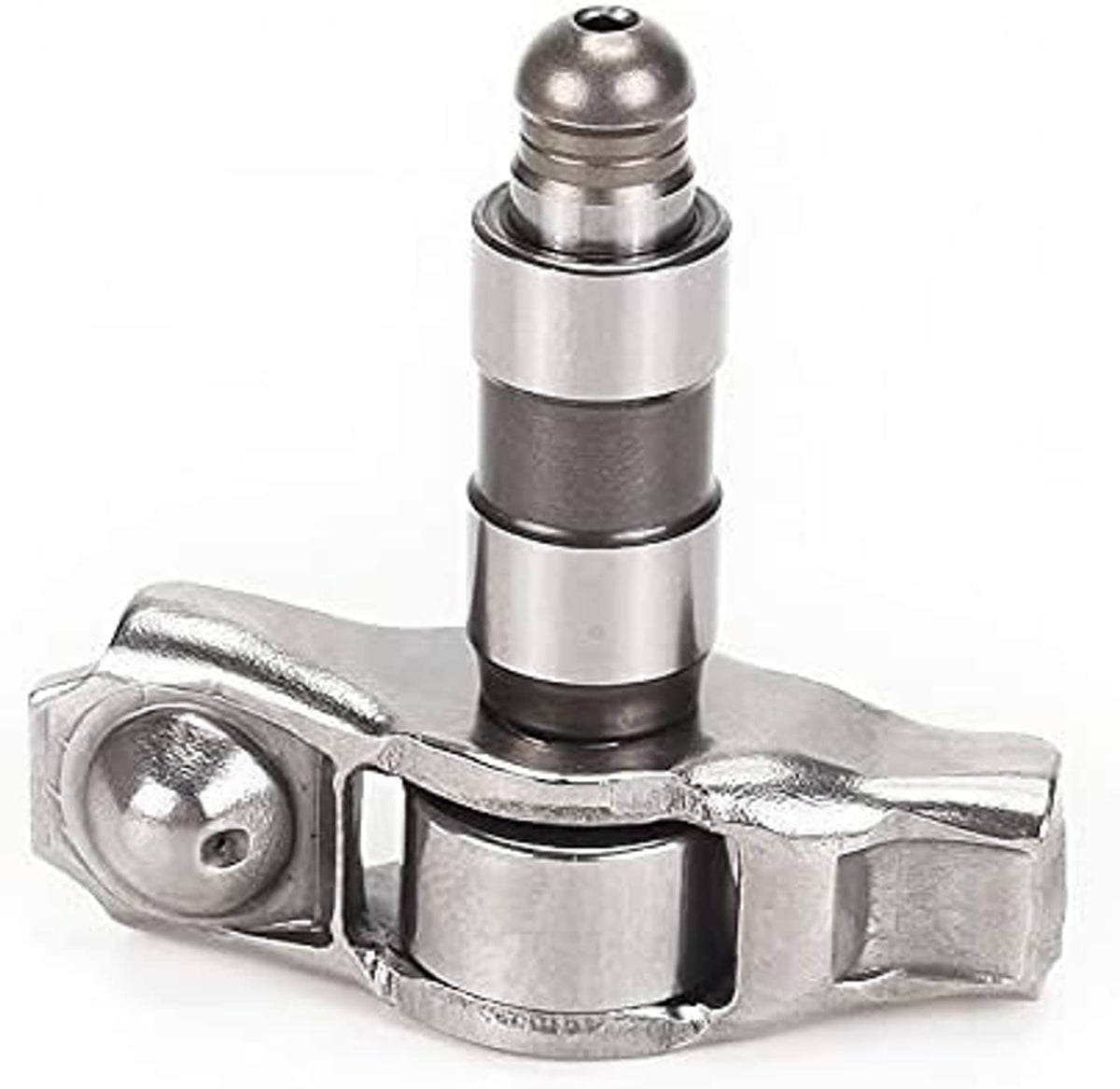 Single rocker arm with mounted valve lifter, silver metal with dark contact ring