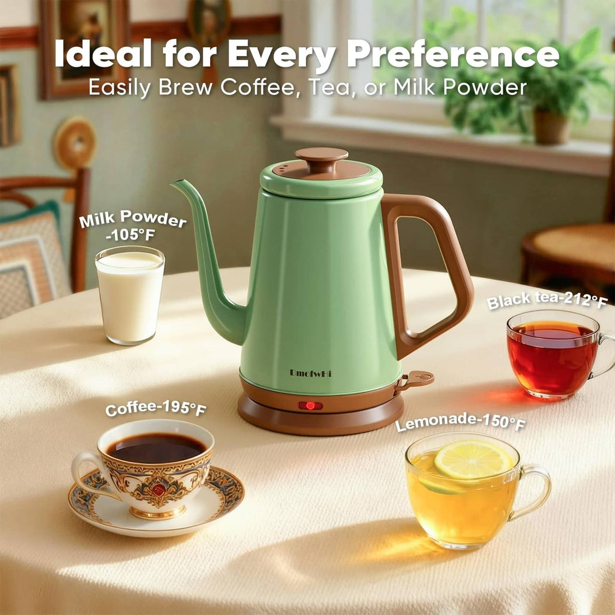 Green electric gooseneck kettle with brown handle and base on countertop