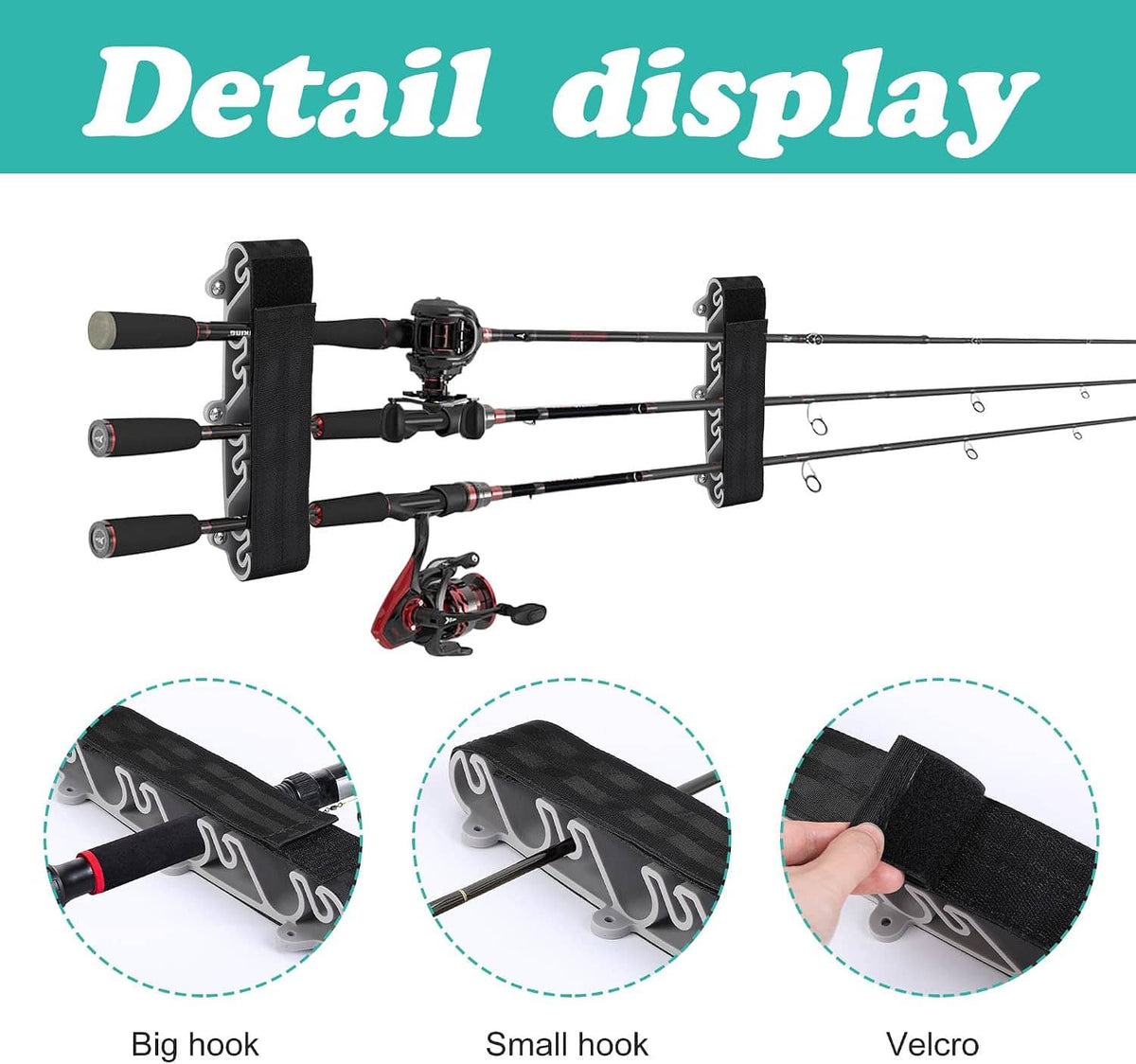 Vertical rod rack with black mounting plates and gray hook cradles; shows strap/velcro