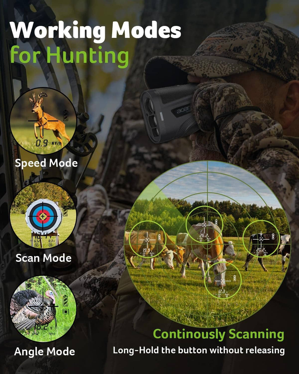 Hunter using a gray handheld rangefinder with multiple circular aiming reticles