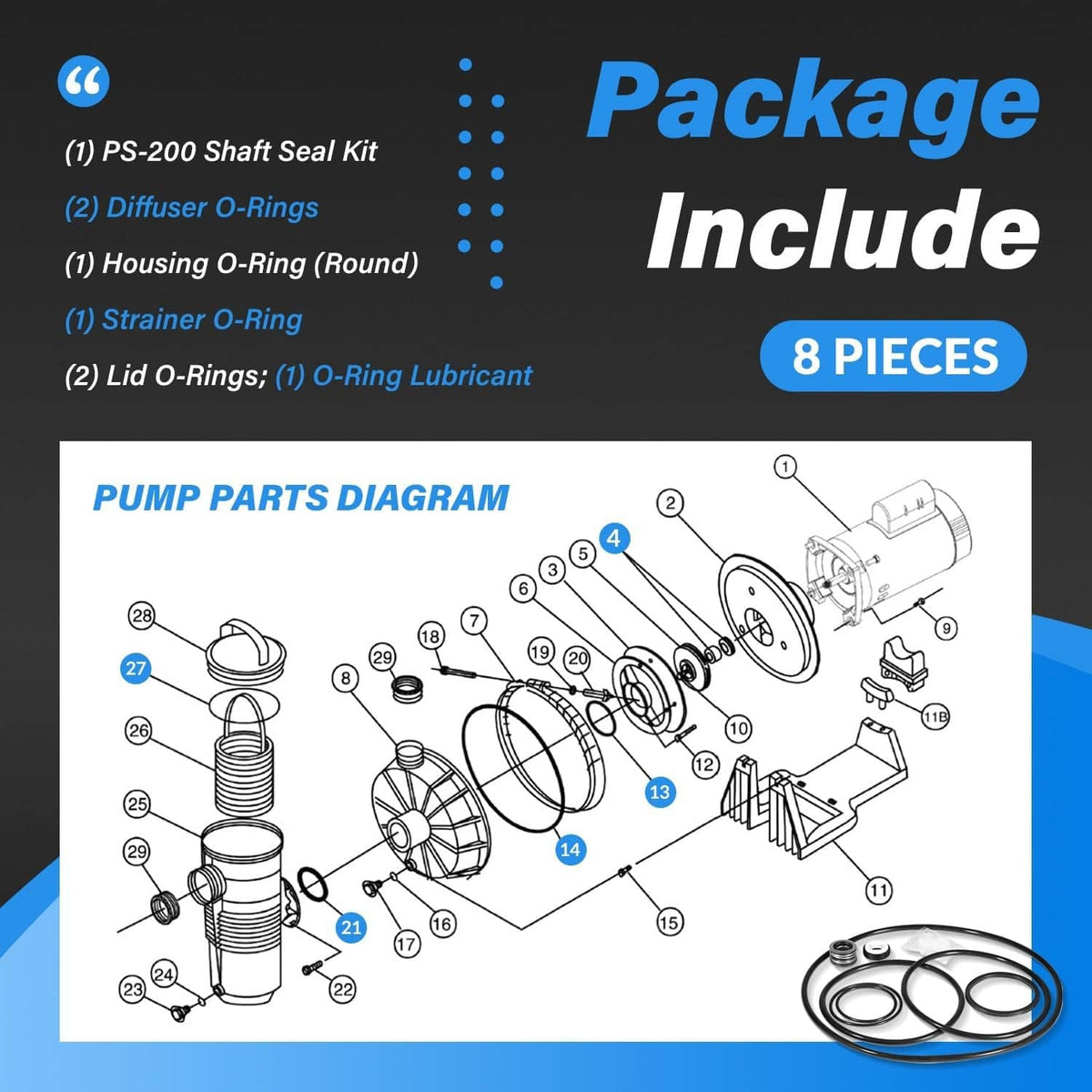Rebuild kit package contents diagram showing 8 pieces: shaft seal, O-rings, lubricant