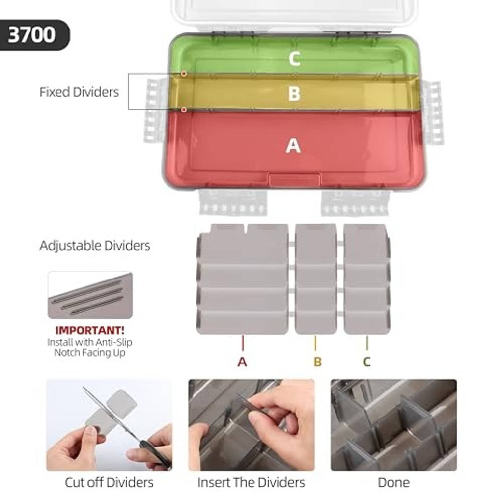 Adjustable divider tackle tray diagram with fixed dividers and labeled sections A-B-C