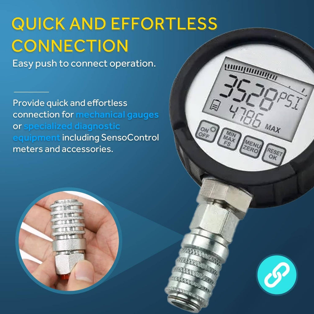 Silver quick coupler with knurled sleeve and pressure gauge display, black protective cover