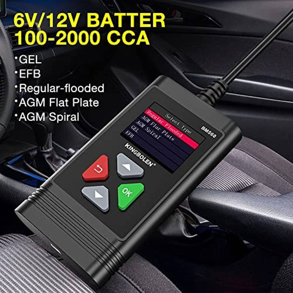 Car battery tester lying in vehicle with color display and button controls
