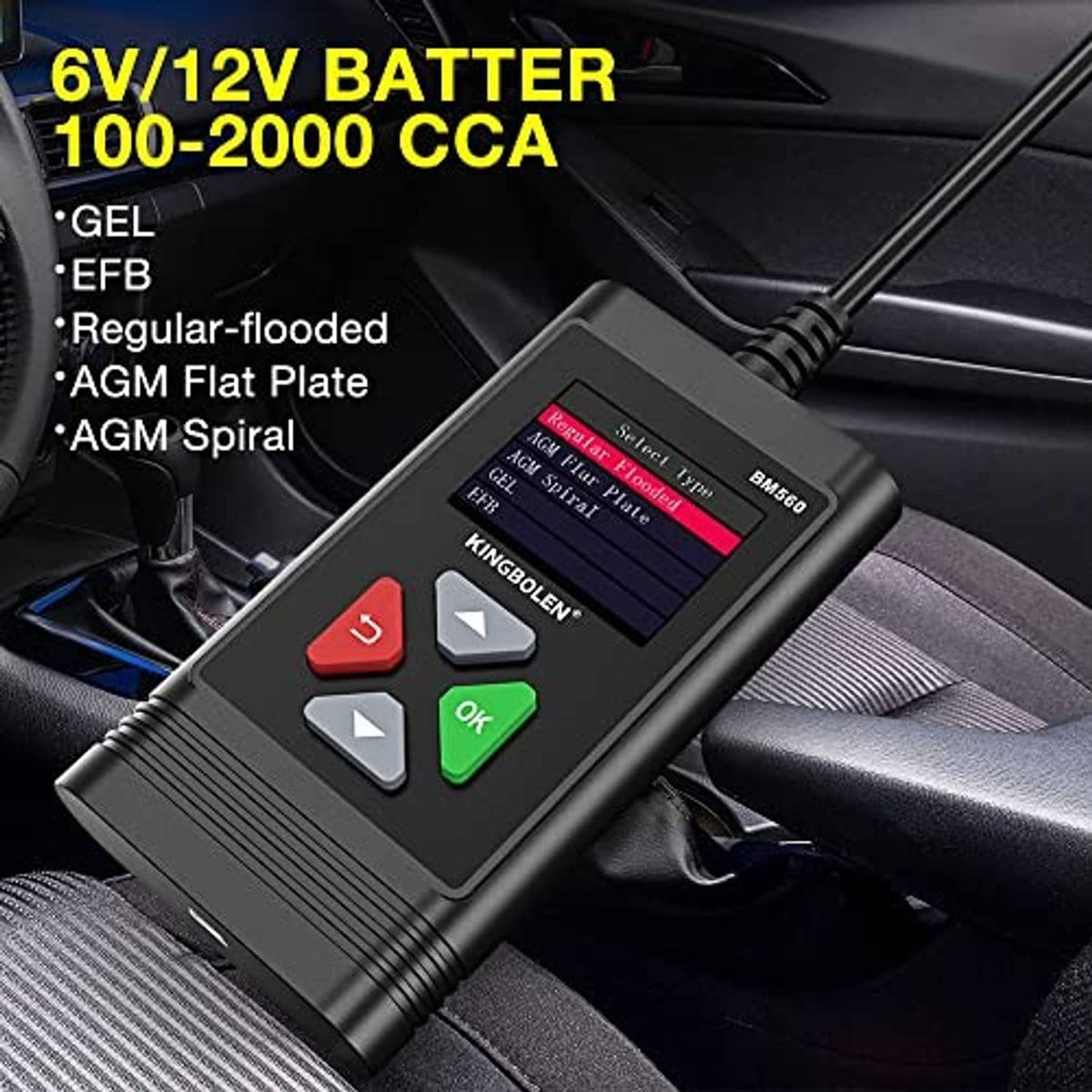 Car battery tester lying in vehicle with color display and button controls