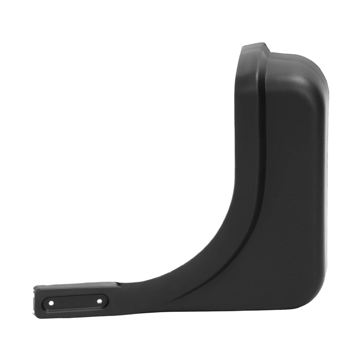 Black left golf cart fender cap, side view with rear mounting bar and holes