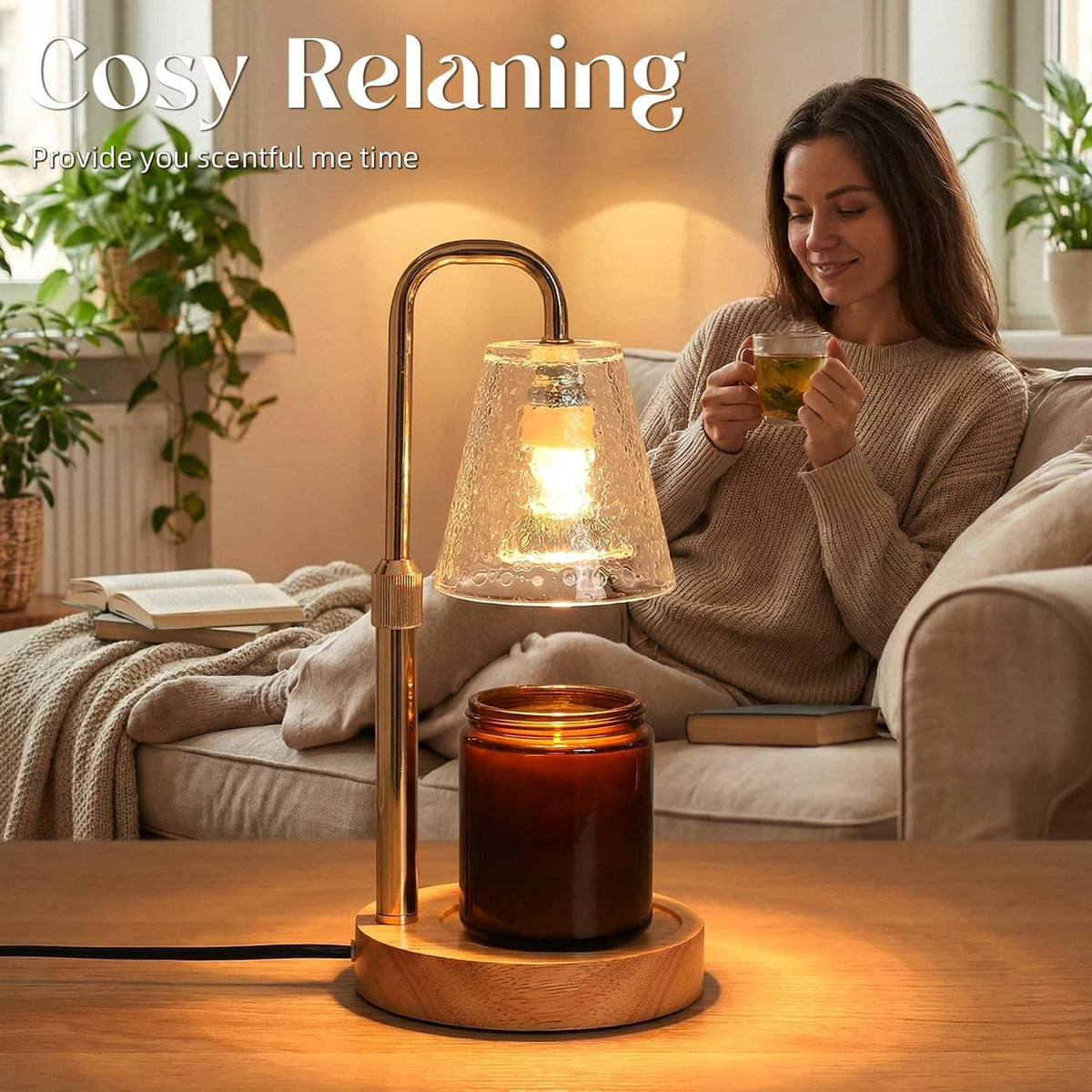 Candle warmer lamp with gold stand, clear glass shade, amber candle jar