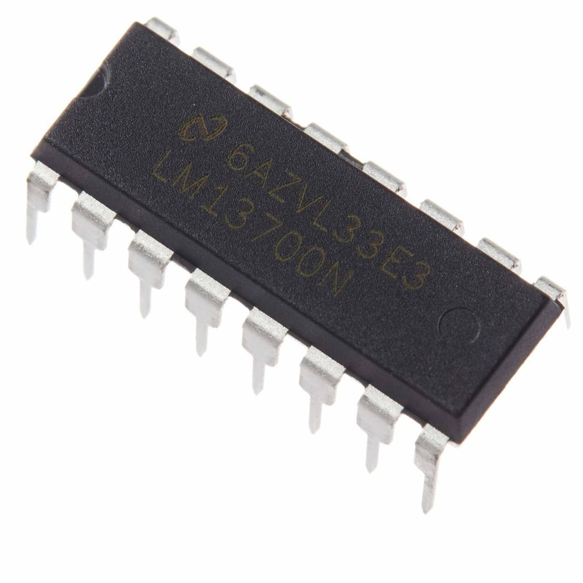 LM13700N dual op transconductance amplifier IC, black DIP16, angled view with pins