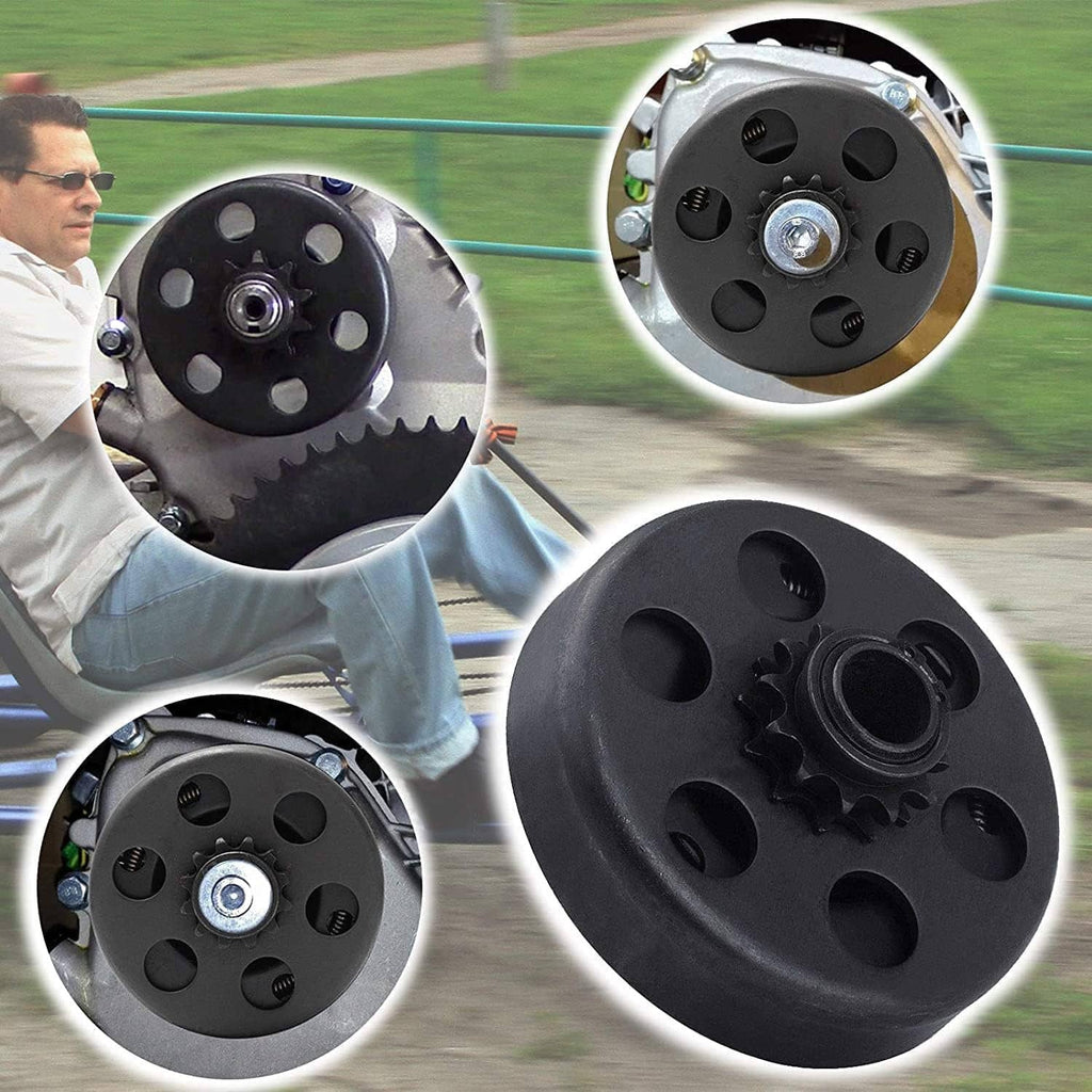 Go-kart clutch plate shown from multiple angles with 10T sprocket and chain