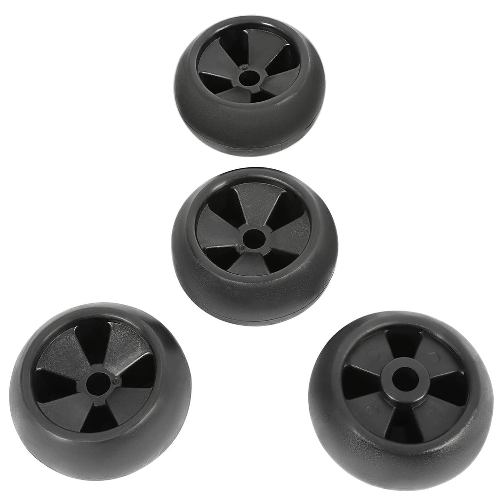 Four black mower deck wheels, top view angles, with center mounting hole