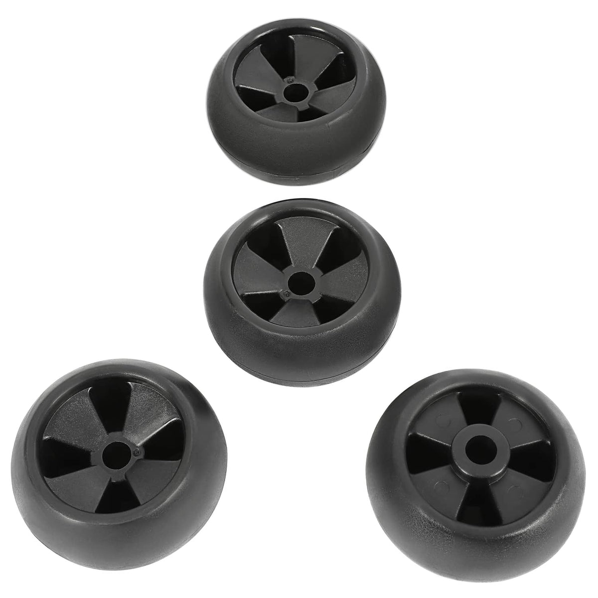 Four black mower deck wheels, top view angles, with center mounting hole