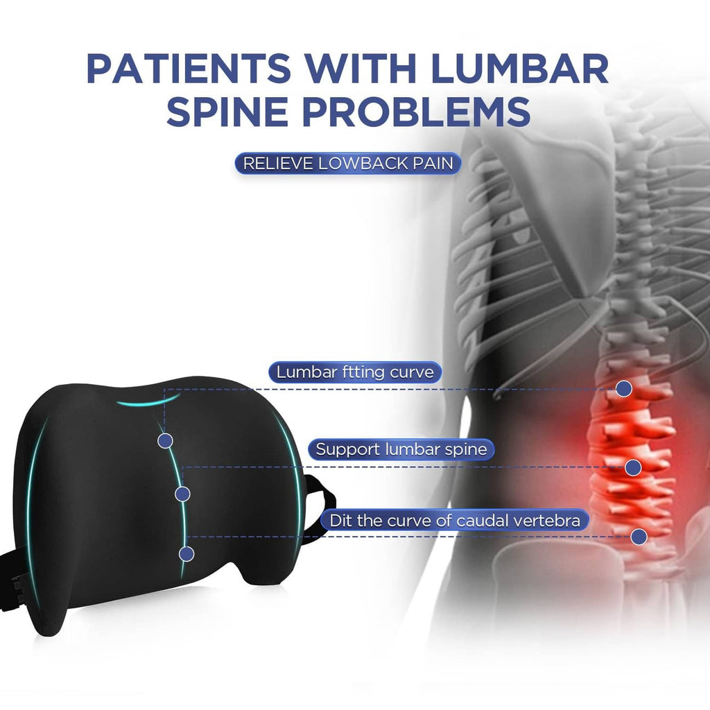 Black lumbar support pillow with teal grid pressure-relief pattern