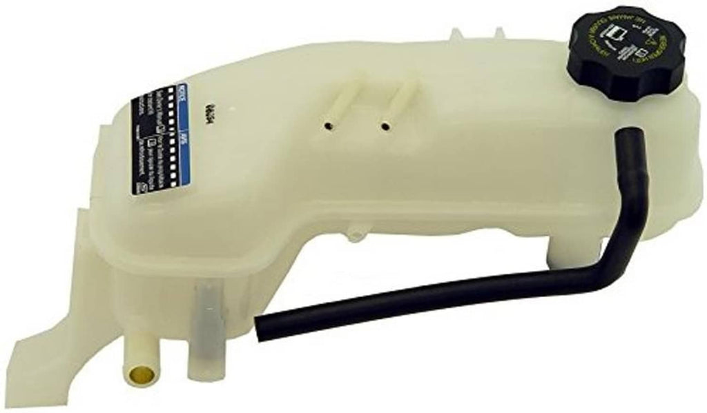 Front pressurized coolant reservoir with cap, pale tank and black hoses, top-mounted cap
