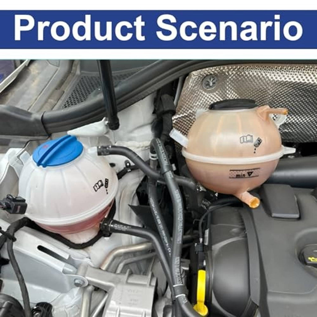 Coolant reservoir tank with blue cap installed in engine bay