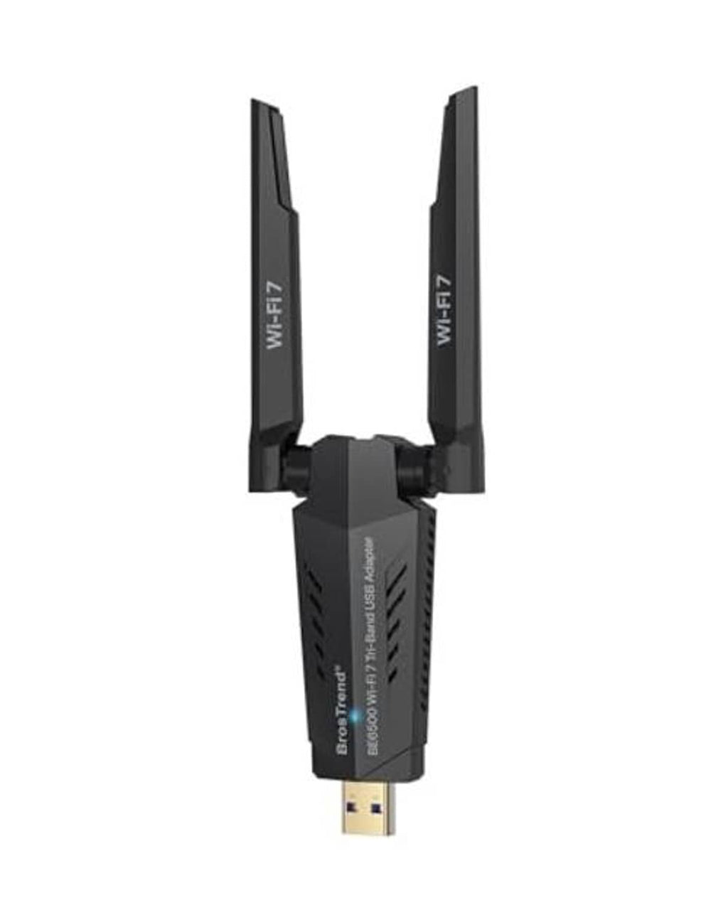 USB WiFi adapter showing dual antennas and USB plug, black housing.