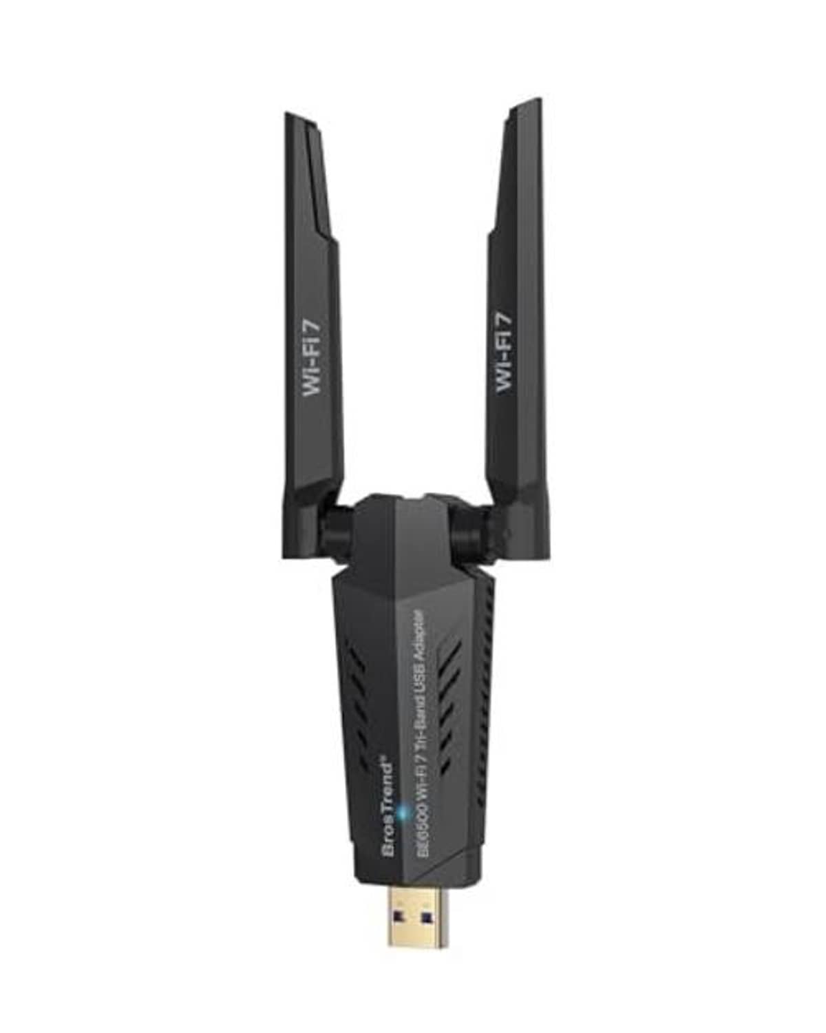 USB WiFi adapter showing dual antennas and USB plug, black housing.