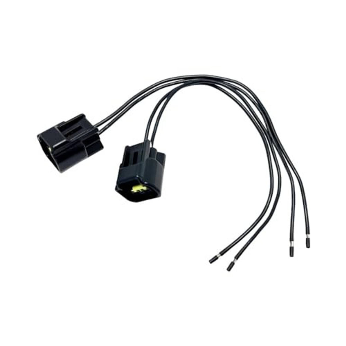 Camshaft position sensor wiring harness with two black connectors and three wire leads