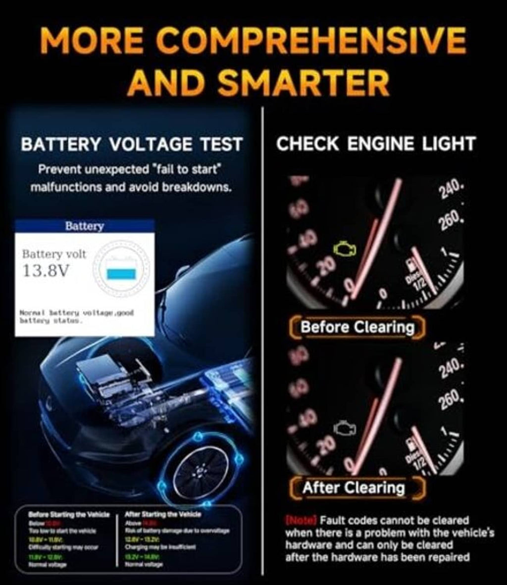 Orange OBD2 scanner with screen and buttons, shown for battery test and check engine light