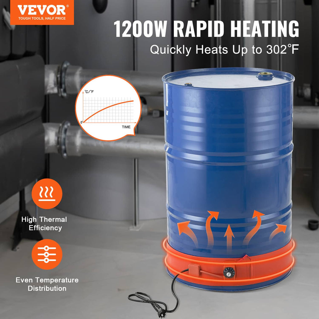 Drum heater on blue 55-gallon metal drum with orange temperature control dial