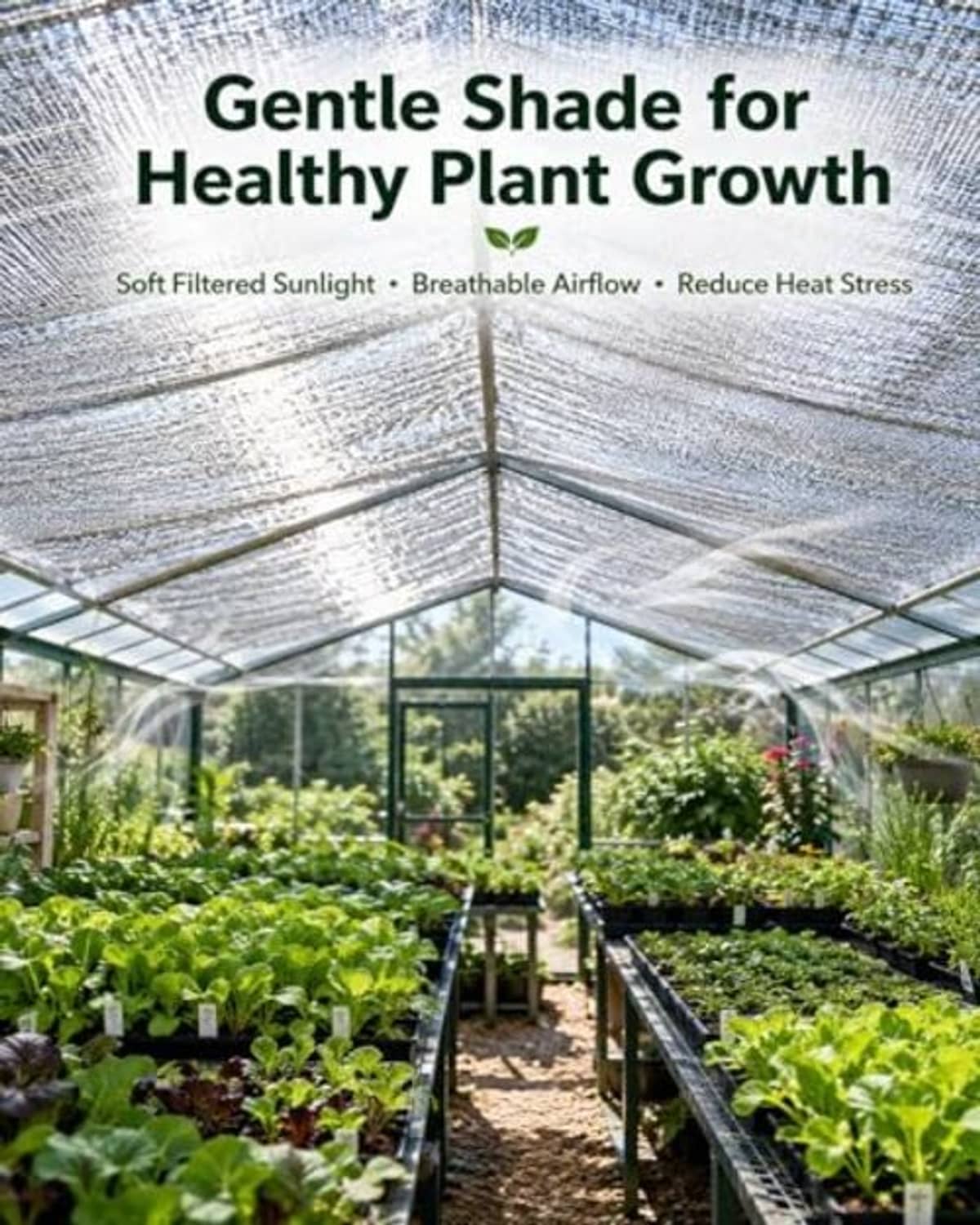Reflective shade cloth roof panel over plants, gray reflective mesh with dark trim