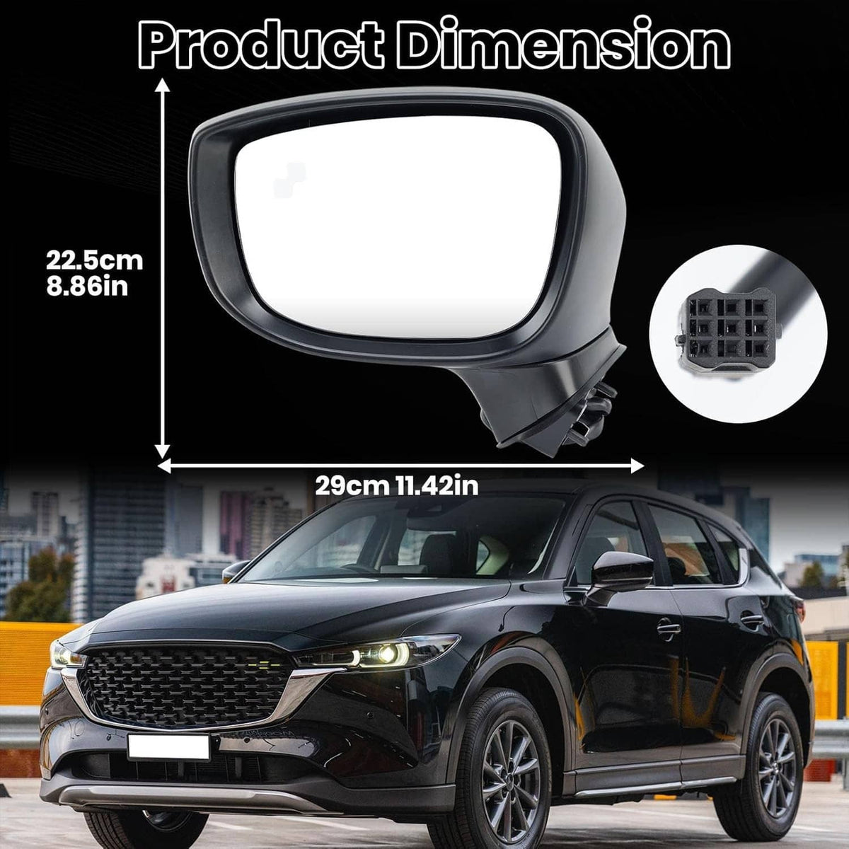 Black side mirror housing with clear lens window and mounting connector