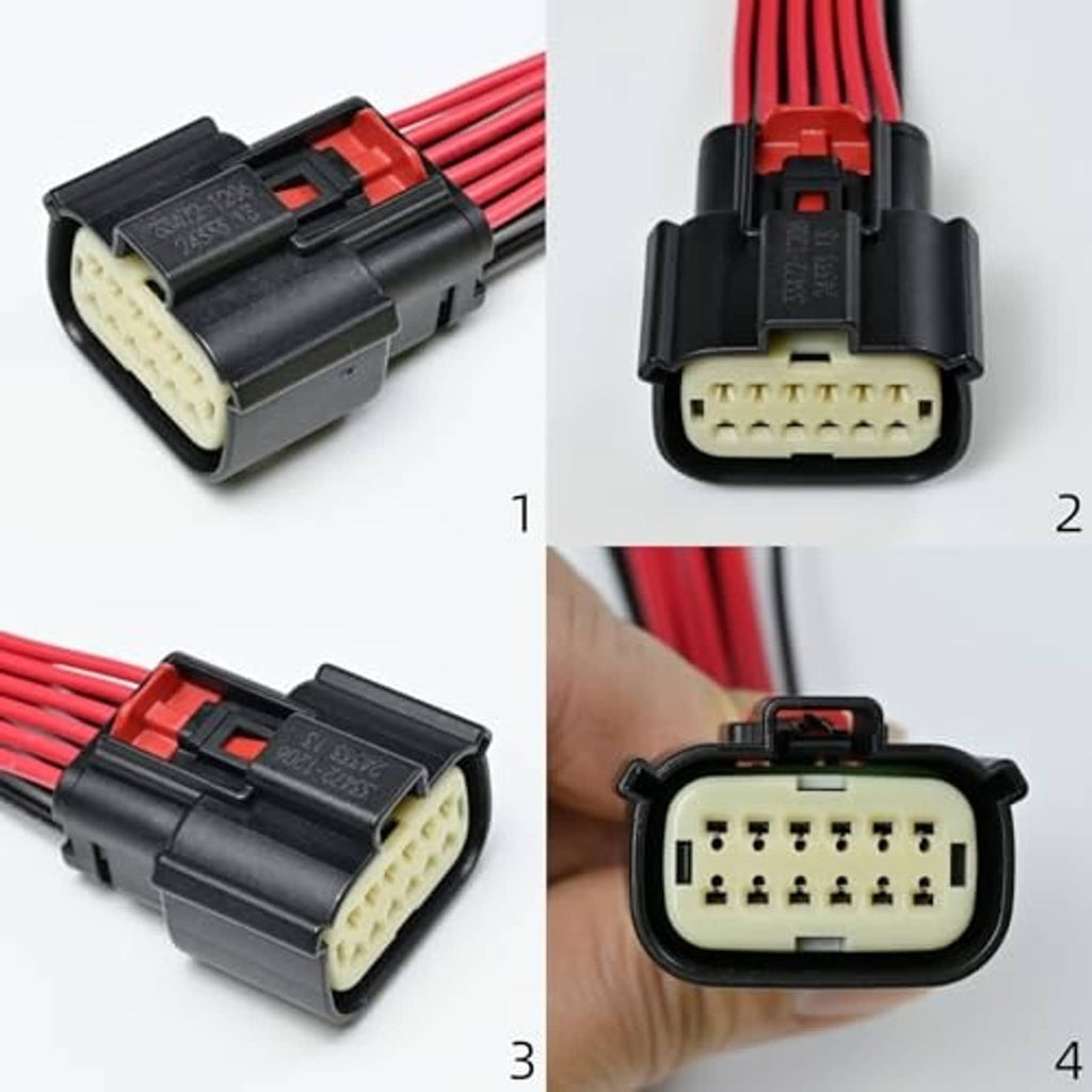 Headlight connector pigtail showing beige multi-pin plug and black latch housing, red wires