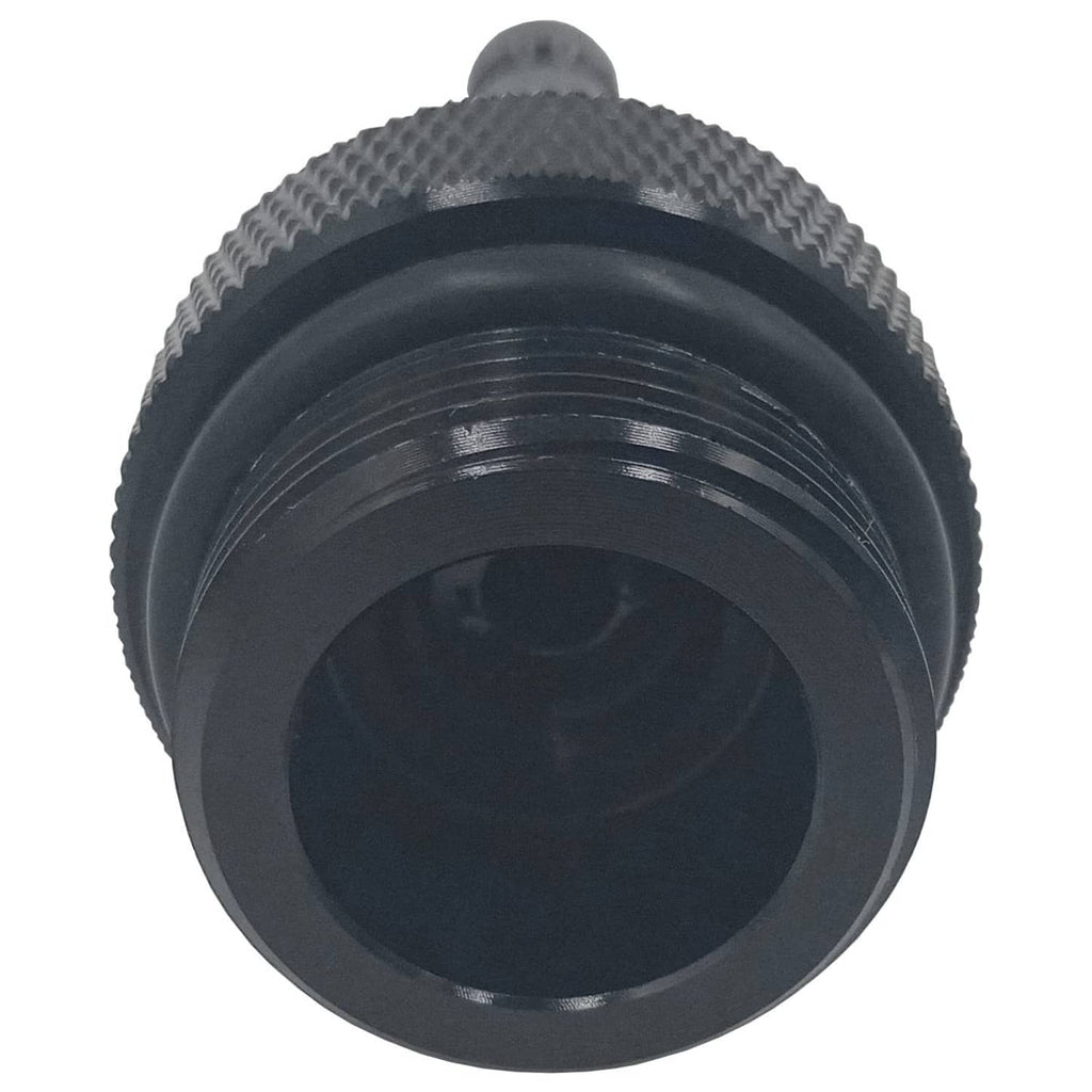Round knurled adapter cap with internal opening and outer threads