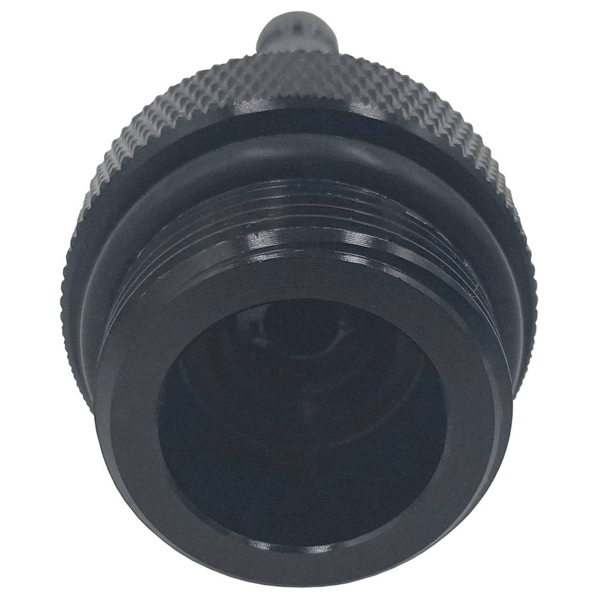 Round knurled adapter cap with internal opening and outer threads