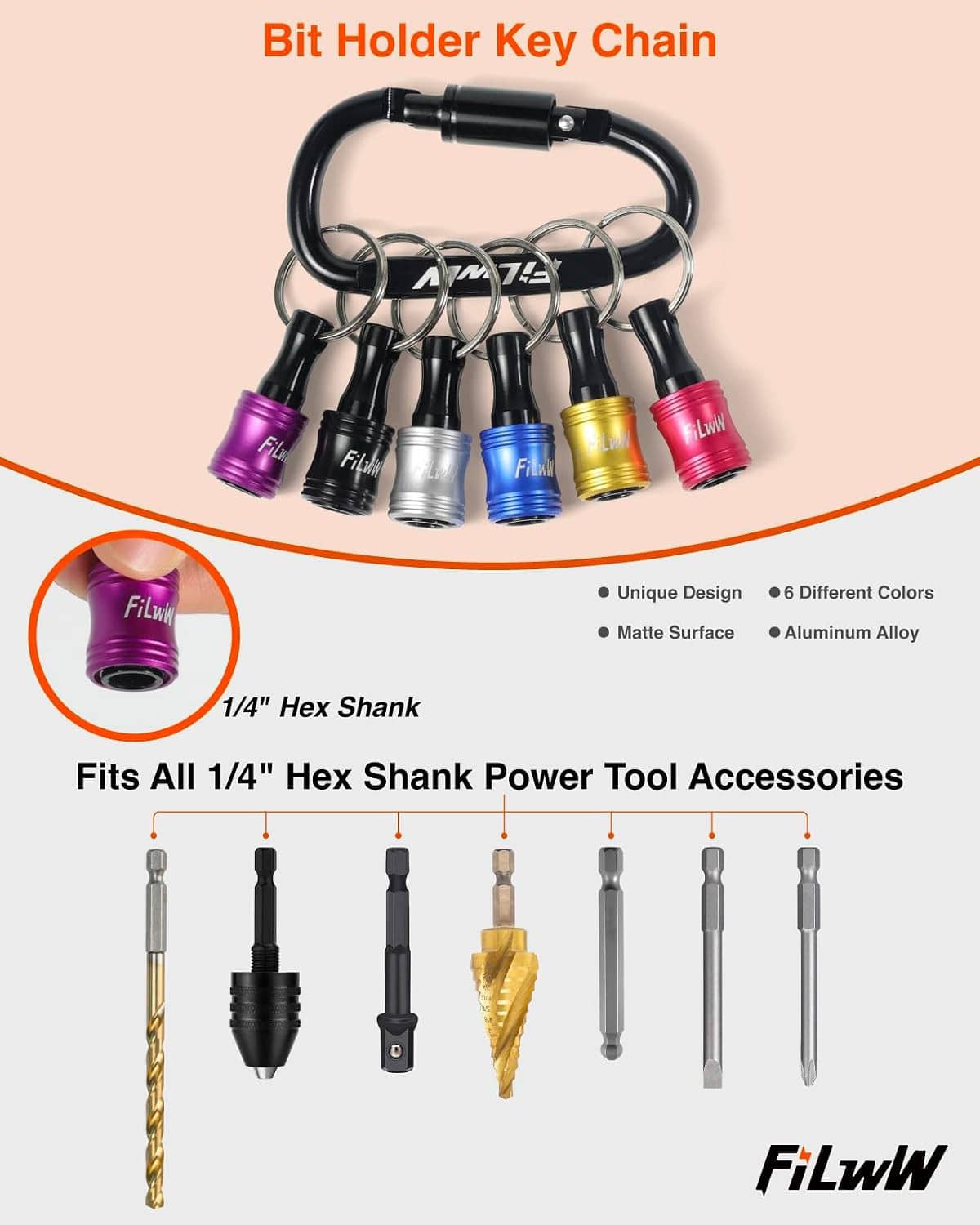 Bit holder key chain with 1/4 hex shank driver bits, six colored aluminum catches
