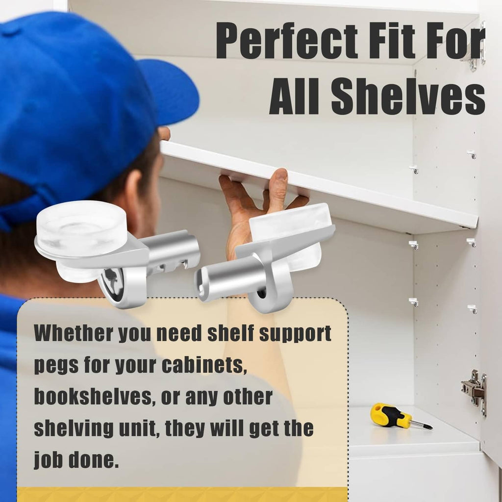 Metal shelf pegs with white silicone suction cups, mounted on a cabinet shelf unit