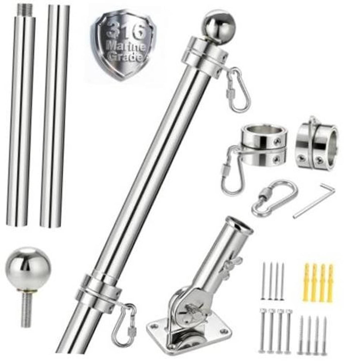 316 stainless marine flagpole kit with ball finial, mounting base, clips and hardware