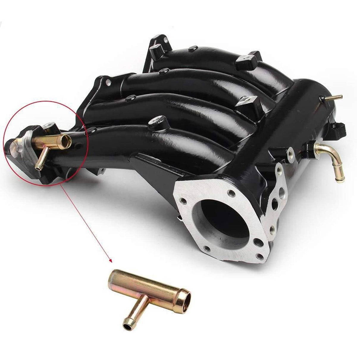 Black intake manifold with silver flange and throttle body connection ports, angled view