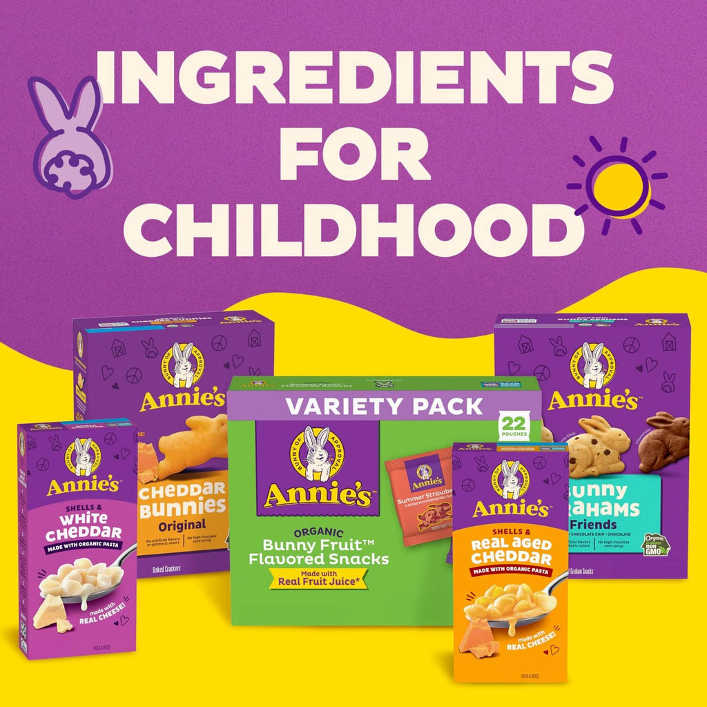 Variety pack box and snack pouches on an 'Ingredients for childhood' graphic