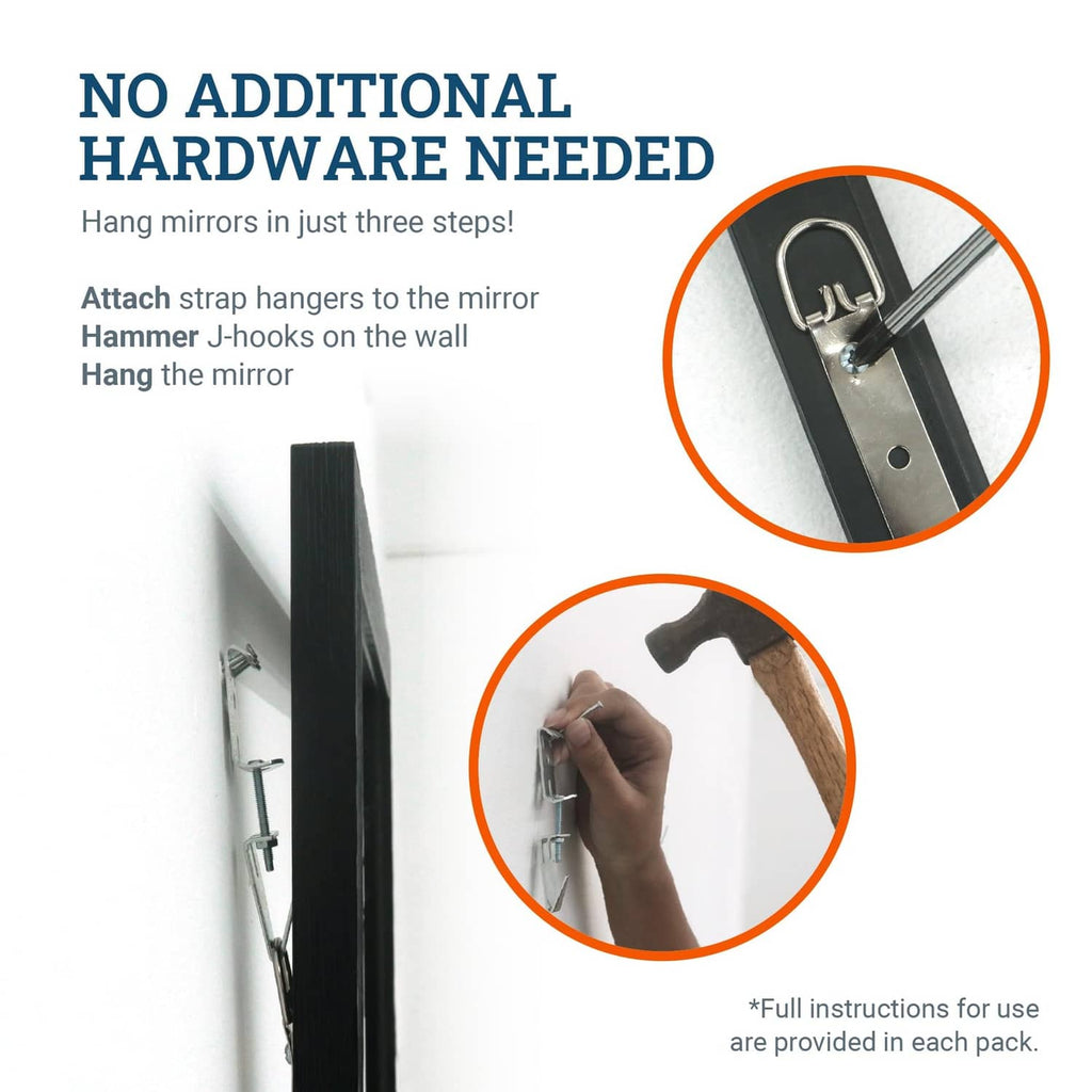 Mirror hanging strap and J hook hardware with wall-mount screws