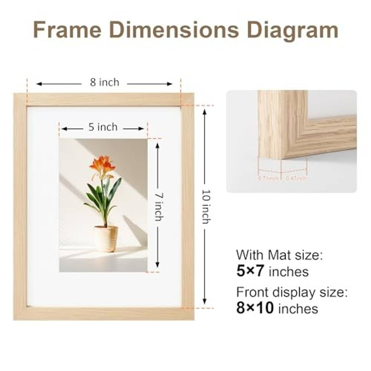 Natural wood veneer 8x10 frame dimension diagram with 5x7 mat opening