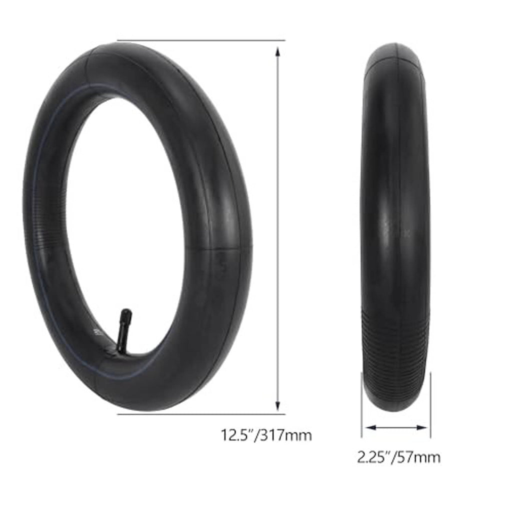 Black 12.5x2.25 bike inner tube with straight valve stem, size shown