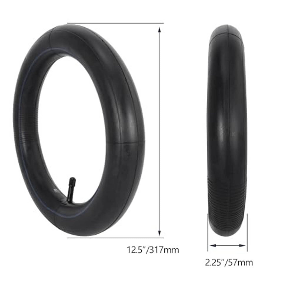 Black 12.5x2.25 bike inner tube with straight valve stem, size shown