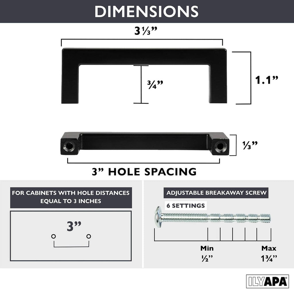 Matte black square cabinet pull with mounting screws and size markings