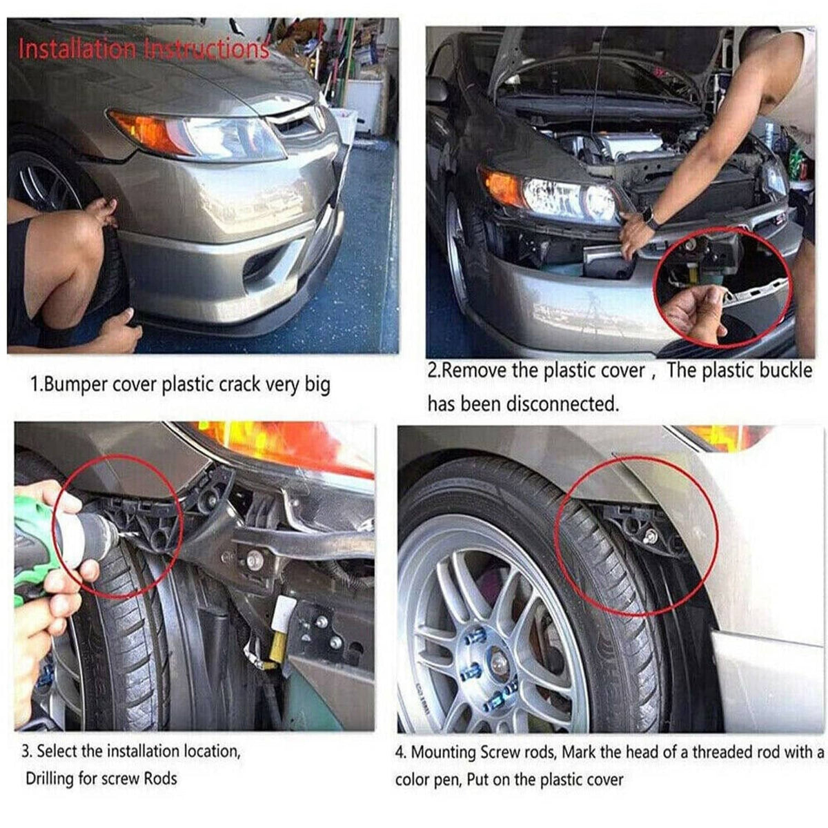 Push-button hood latch pin installation on a car front bumper area with fasteners