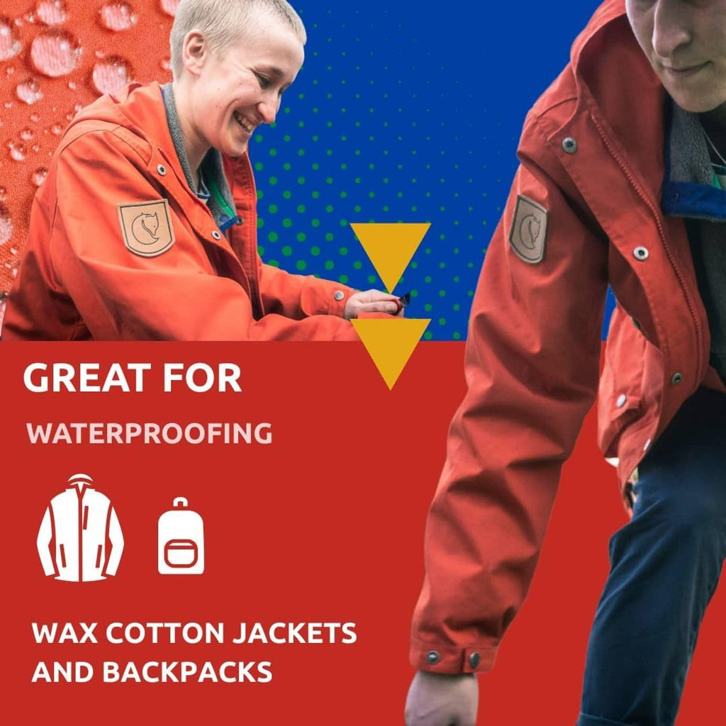 Wax cotton jacket waterproofing: Nikwax spray bottle with two models in orange coats