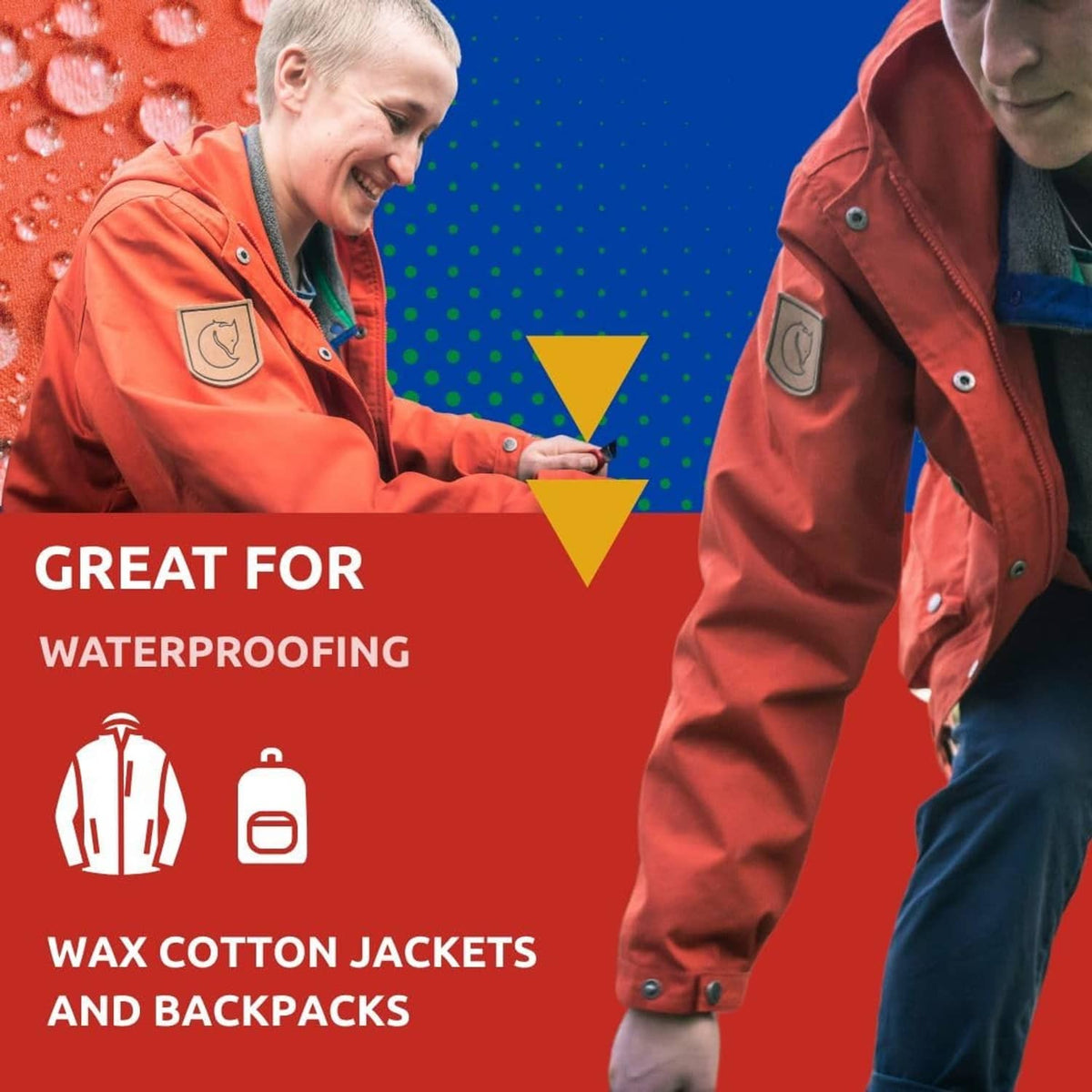 Wax cotton jacket waterproofing: Nikwax spray bottle with two models in orange coats