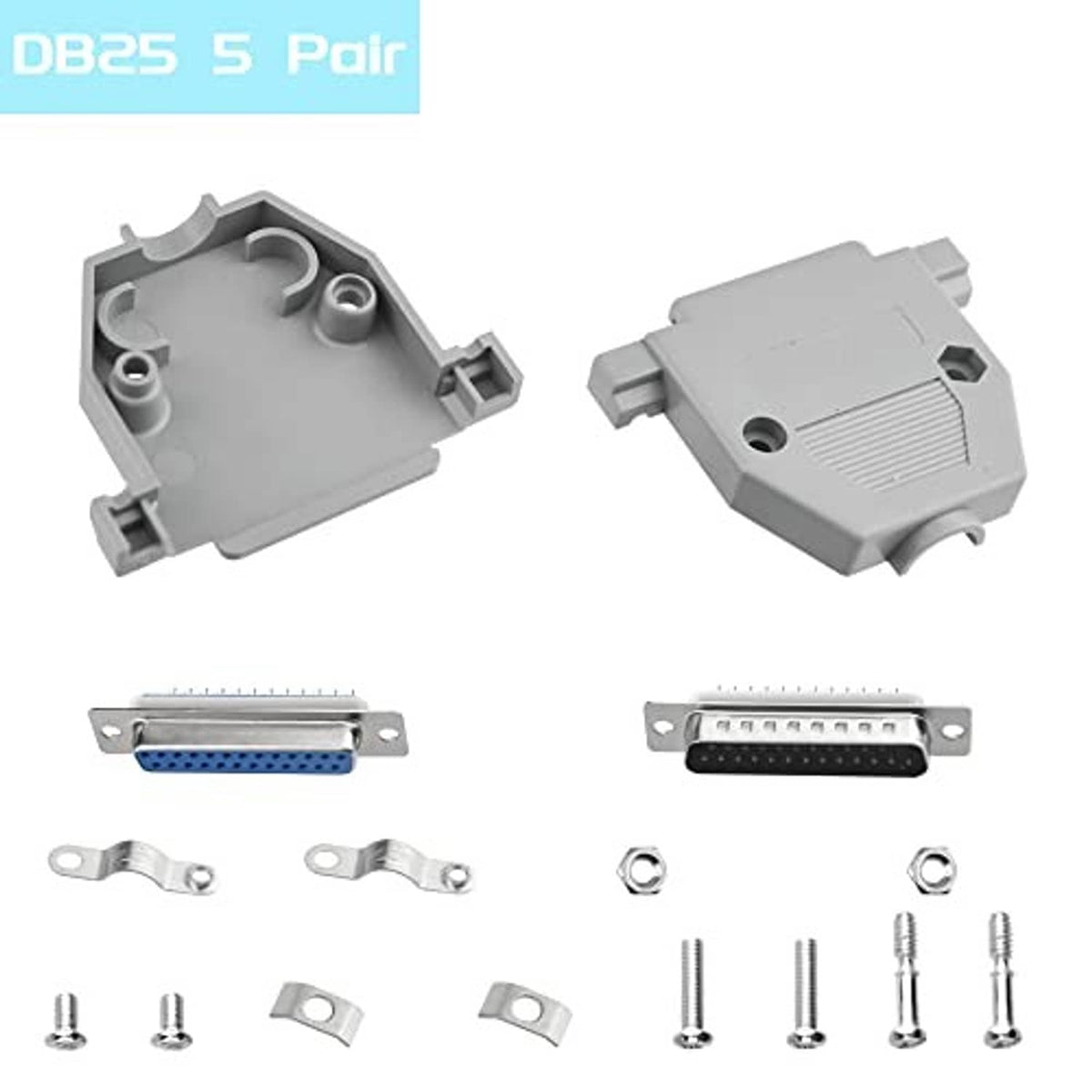 DB25 solder connector pair, grey housings with mounting holes, visible screws and parts