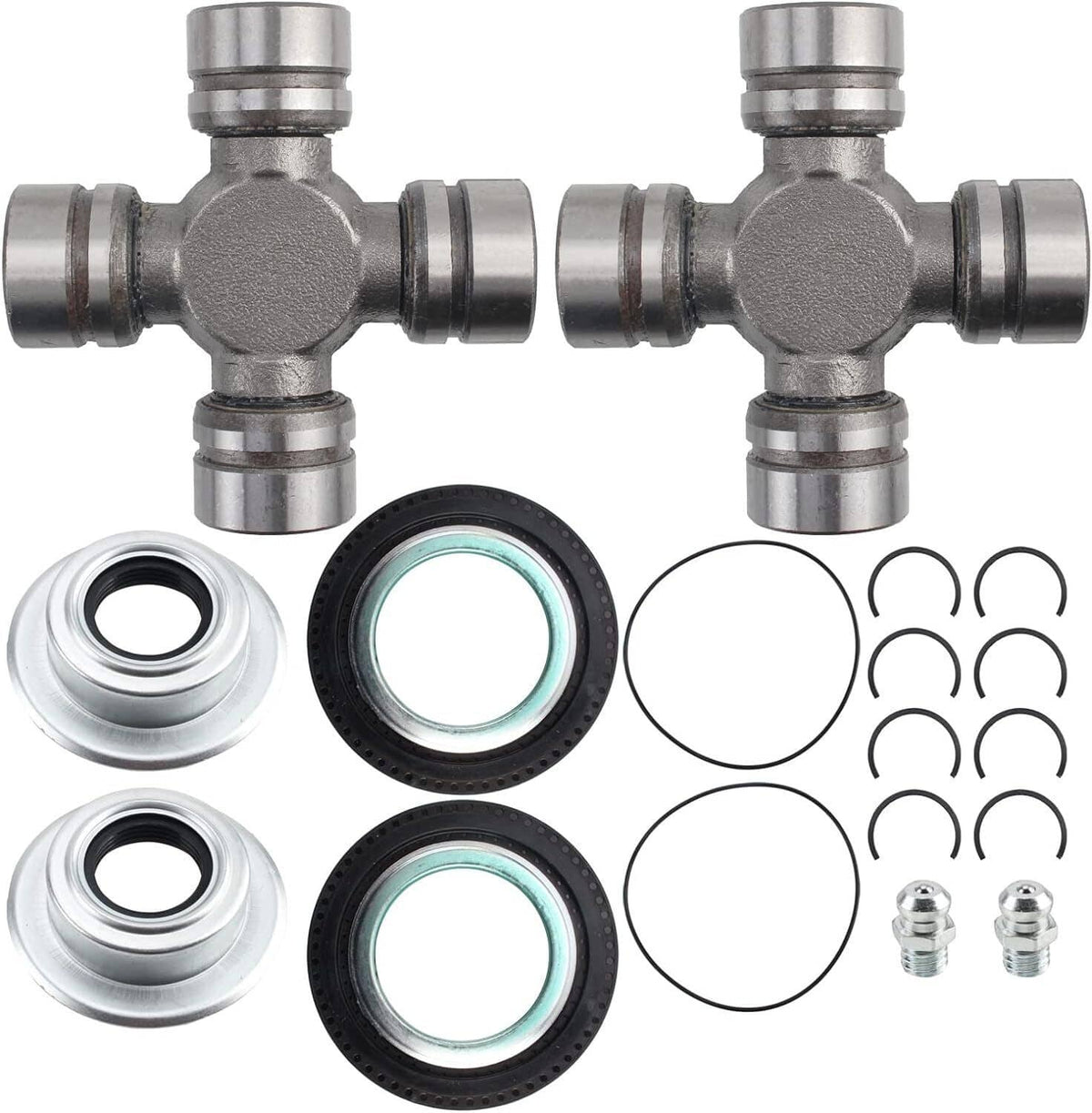 Front axle seal and greaseable U-joint kit with cross joints, seal rings, and clips