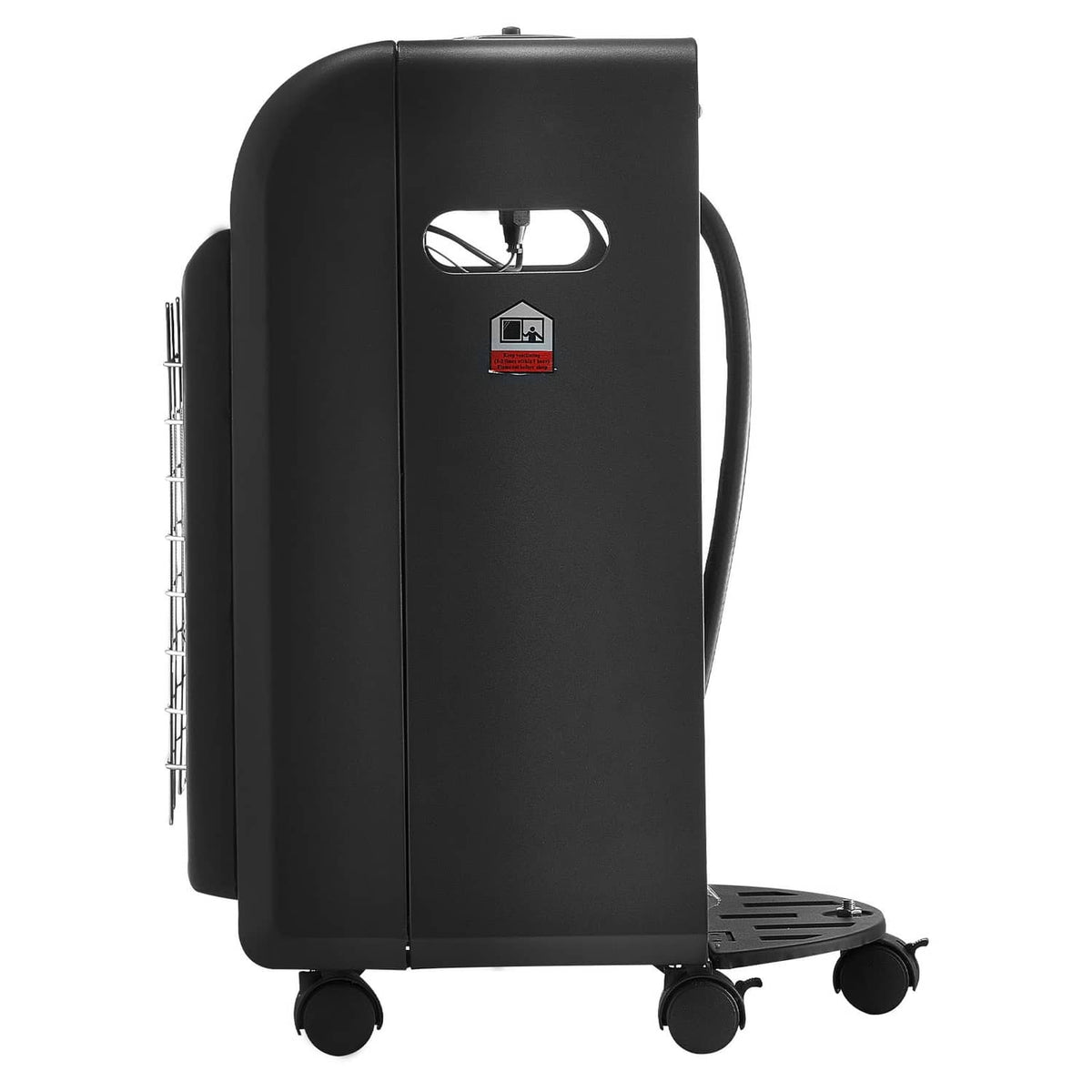 Black propane heater with side view, carry handle, and rolling wheels
