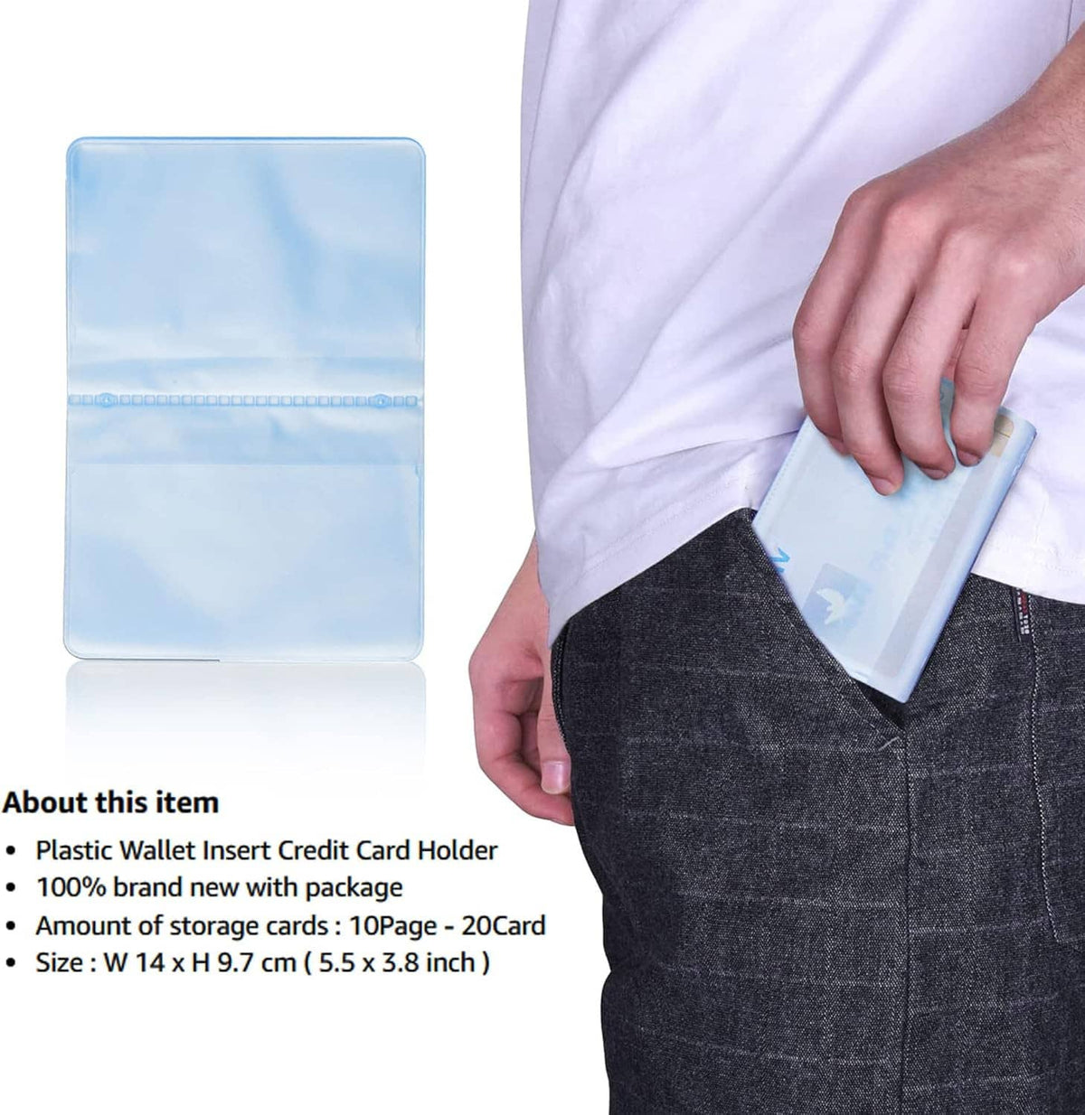 Light blue plastic wallet insert credit card holder, folded design with card sleeve
