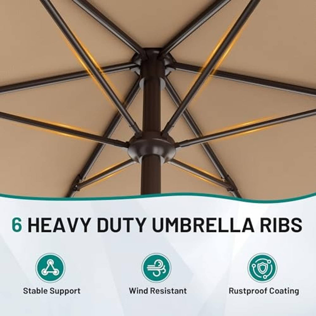 Beige umbrella underside with heavy-duty ribs and central hub